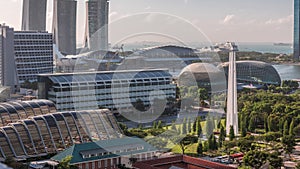 A beautiful morning panorama with Marina Bay area and skyscrapers city skyline aerial timelapse.