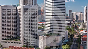 A beautiful morning panorama with Marina Bay area and skyscrapers city skyline aerial timelapse.