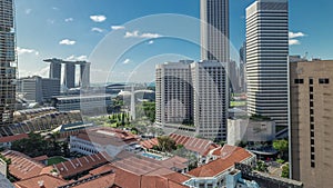 A beautiful morning panorama with Marina Bay area and skyscrapers city skyline aerial timelapse hyperlapse.