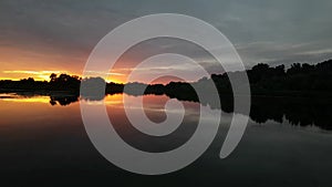Beautiful morning river landscape at dawn, zoom out timelapse.