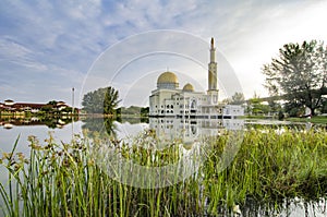 Beautiful morning scenery of As-Salam Mosque located in Selangor, Malaysia with reflecton on the lake.