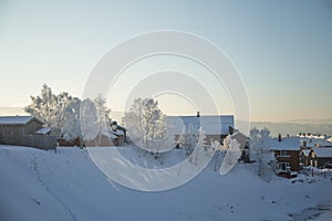 A beautiful morning sceney of a small Norwegian town Roros in winter. World heritage site.