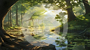 Beautiful Morning Stream With Canopy Tree In Makoto Shinkai Style