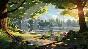 Beautiful Morning Stream With Canopy Tree In Makoto Shinkai Style