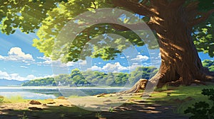 Beautiful Morning Sunlight With Large Canopy Tree In Makoto Shinkai-inspired Cartoon Style