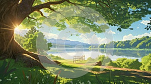 Beautiful Morning Sunlight With Large Canopy Tree In Makoto Shinkai-inspired Cartoon Style