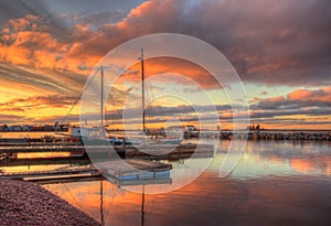 A beautiful Morning Sunrise in the Grand Marais, Minnesota Harbor on Lake Superior