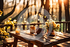 A beautiful morning sunrise scene with the sun rising between jungle trees. A close-up of a coffee cup on a table, capturing the photo
