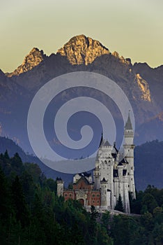 Beautiful morning view of the Neuschwanstein castle, Bavarian Alps, Bavaria, Germany. Typical alpine scenery.