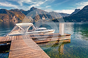 Beautiful morning view of Traunsee lake with Traunstein peak on background.