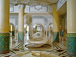 Beautiful mosaic decor and Arabic script in the interior of the Hassan II Mosque in Casablanca