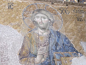 The beautiful mosaic of Jesus Christ in Hagia Sofia, Istanbul, Turkey