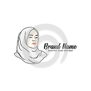 Beautiful Moslem Girl White Hijab Line Art Vector Design. Logo, Icon, Sign, Illustration photo