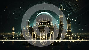 A beautiful mosque cityscape at night with glowing light blurred background. AI generated 3d image