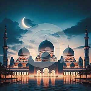 A beautiful mosque with crescent moon, Eid mobarak