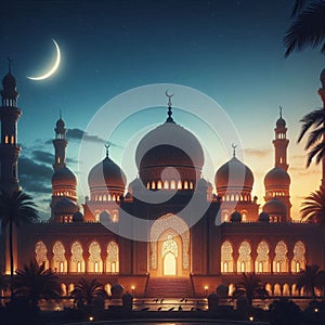 A beautiful mosque with crescent moon, Eid mobarak