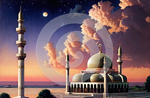 Beautiful Mosque Night Background for Ramadan Kareem, Eid Mubarak, Muslim Festival of Ramzan. Generative AI