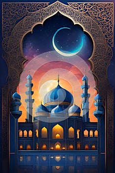 Beautiful mosque in ramadan athmosphere, ornaments, moon hangs in the twilight sky, abstract background, reflection