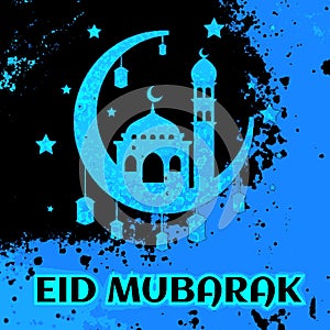 Beautiful Mosque And Star Eid Mubarak Greeting Card With Colourful Background.