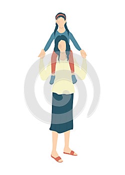 Beautiful mother holding her daughter on shoulders. Young woman and cute girl.