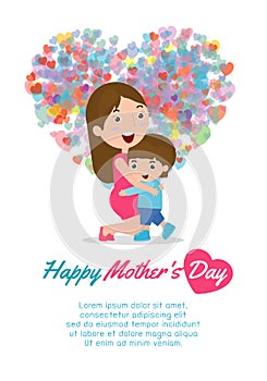 Beautiful mother with kid . Card of Happy Mothers Day. Vector illustration with beautiful women and child