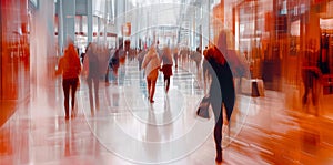 Beautiful motion blur of people walking in the morning rush hour, busy modern life concept.