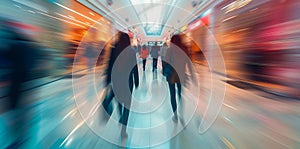 Beautiful motion blur of people walking in the morning rush hour, busy modern life concept.