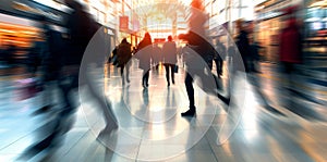 Beautiful motion blur of people walking in the morning rush hour, busy modern life concept.