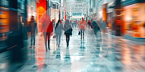 Beautiful motion blur of people walking in the morning rush hour, busy modern life concept.