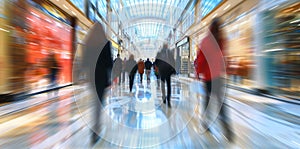 Beautiful motion blur of people walking in the morning rush hour, busy modern life concept.