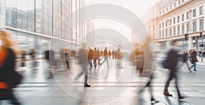 Beautiful motion blur of people walking in the morning rush hour, busy modern life concept. Suitable for web and magazine layouts