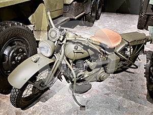 Riga, Latvia, November 2019. A magnificent vintage military motorcycle in the museum of transport.