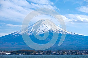 Beautiful Mount Fuji with snow capped and sky at Lake kawaguchiko, Japan. landmark and popular for tourist attractions