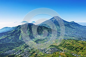 Beautiful Mount Sindoro scenery under blue sky