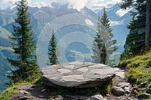 Beautiful mountain background with a round empty stone podium for stunning product display