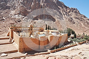 Beautiful Mountain cloister landscape in the oasis desert valley. Saint Catherine`s Monastery in Sinai Peninsula, Egypt