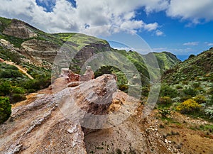 Beautiful mountain and coast scenery on Lipari hiking trails, Aeolian islands, Sicily, Italy