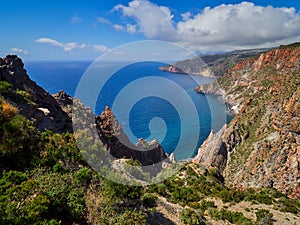 Beautiful mountain and coast scenery on Lipari hiking trails, Aeolian islands, Sicily, Italy