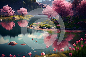 Beautiful Mountain Fuji and sakura cherry blossom in Japan spring season AI Generated