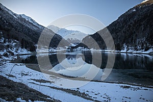 Beautiful mountain lake of artouste in sunrise dawn, pyrenees, france