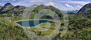 Beautiful mountain lake in Austria. Panoramic view on the Soiernsee in Vorarlberg, Austria. Panoramic mountain landscape in