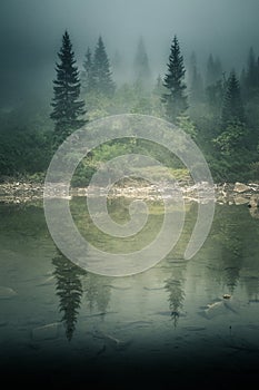 A beautiful mountain lake in a fog in Tatry, Slovakia.