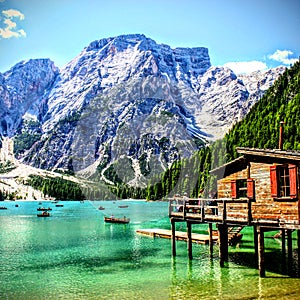 beautiful mountain lake with house