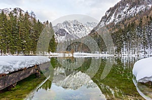 Beautiful Mountain Lake In Jezersko , Slovenia At Winter