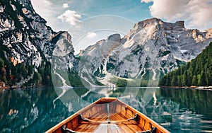 Beautiful mountain and lake landscape, lago di braies, nature landscape scenery, hiking and canoeing, generative ai photo