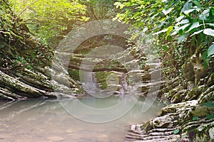 Beautiful mountain lake in the morning sunlight among southern jungle forests