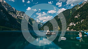 Beautiful mountain lake natural reservoir with overflow structure swiss alps klontalersee