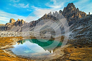 Beautiful mountain lake near Tre Cime di Lavaredo peaks, Italy