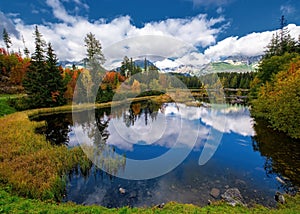Krásne horské jazero s odrazom jesenného parku na vode a vysokými štítmi v pozadí.