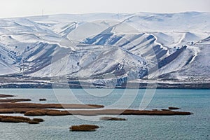 Beautiful mountain and lake scene in the West Tianshan Mountains in winter